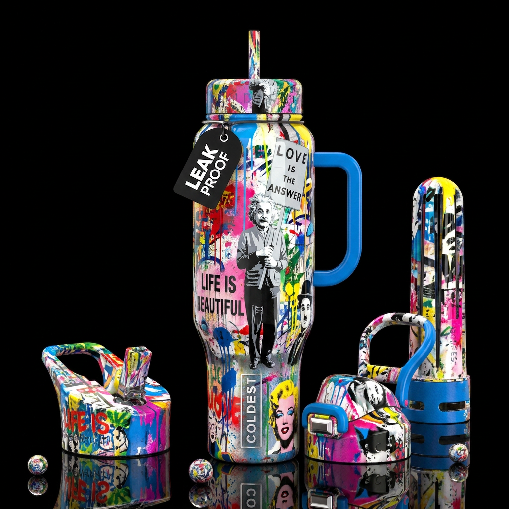 Mr brainwash art,glossy, trompe-l'œil, beautiferou... water bottle design