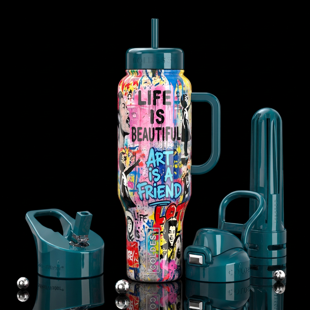 Mr brainwash art friends,glossy, trompe-l'œil, bea... water bottle design