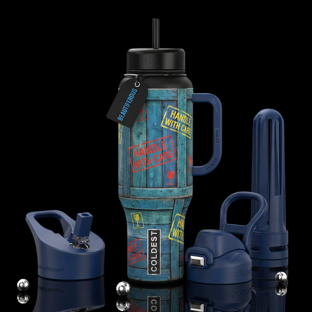 Handle with care stamp,glossy, trompe-l'œil, beaut... water bottle design