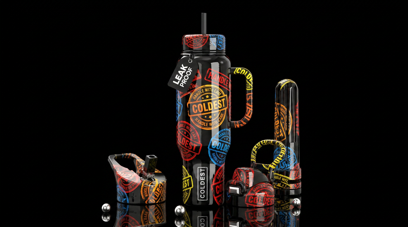 Handle with care stamp,glossy, trompe-l'œil, water bottle design