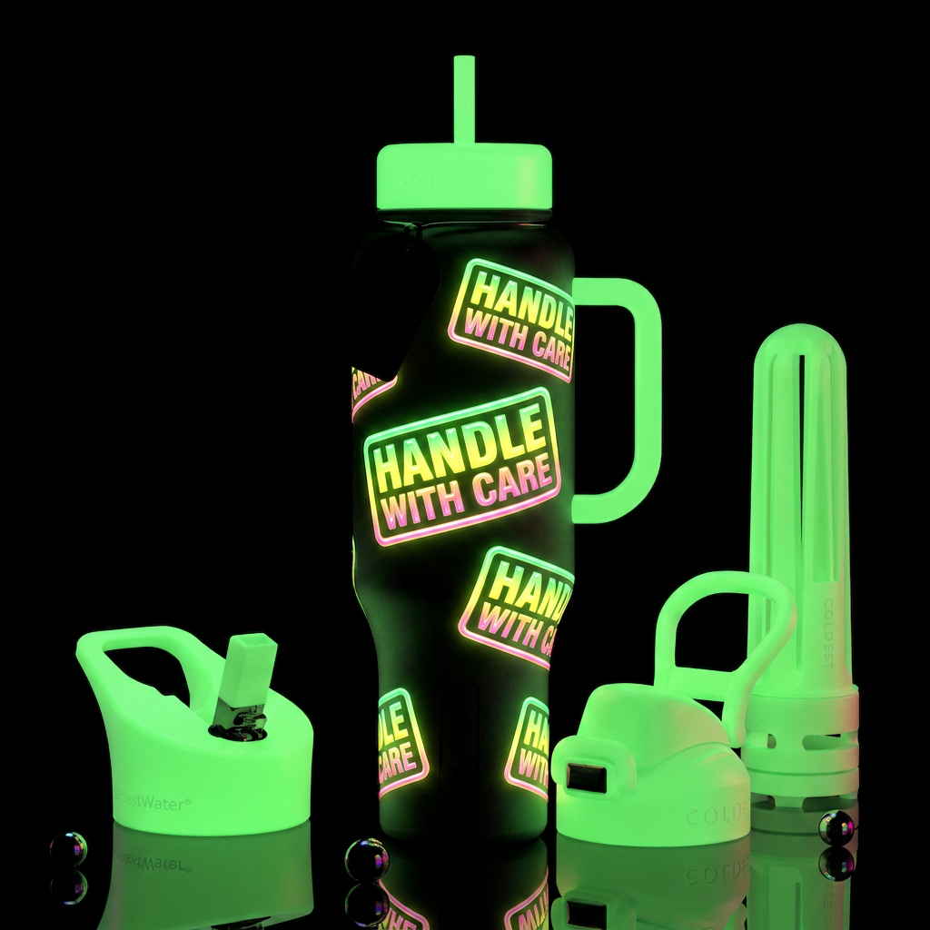 Handle with care stamp,glossy, trompe-l'œil, glow ... water bottle design