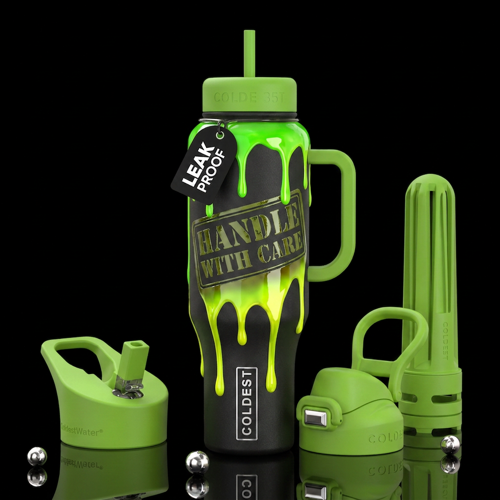 Handle with care stamp,glossy, trompe-l'œil, glow ... water bottle design