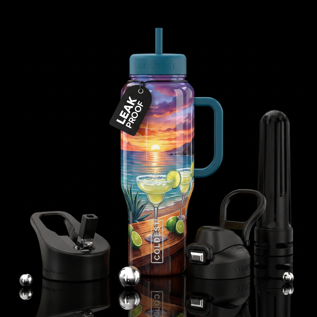 Margaritas at sunset,glossy, trompe-l'œil, beautif... water bottle design
