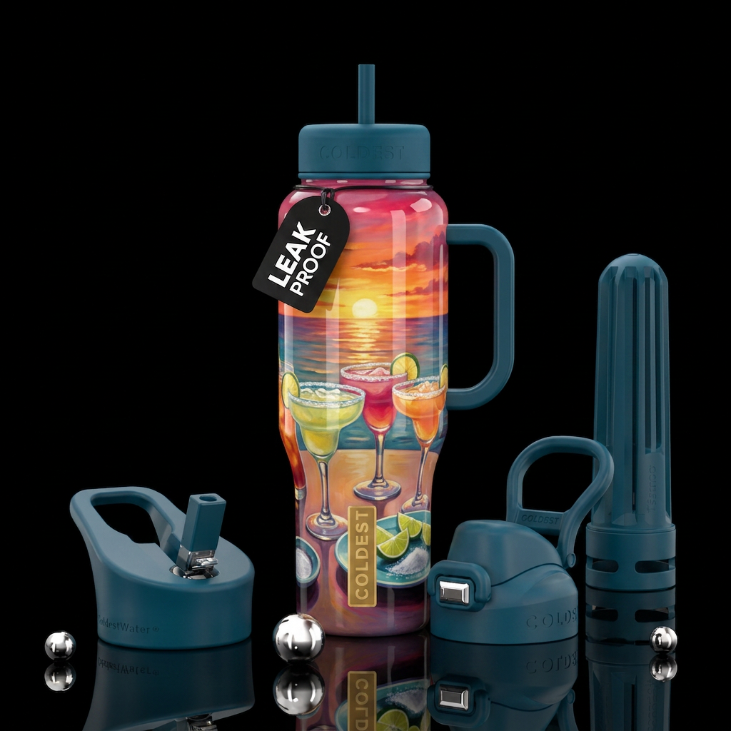 Margaritas at sunset,glossy, trompe-l'œil, beautif... water bottle design