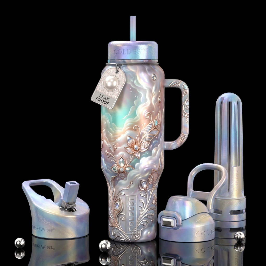 Healing, grace, glossy, trompe-l'œil, beautiferous... water bottle design