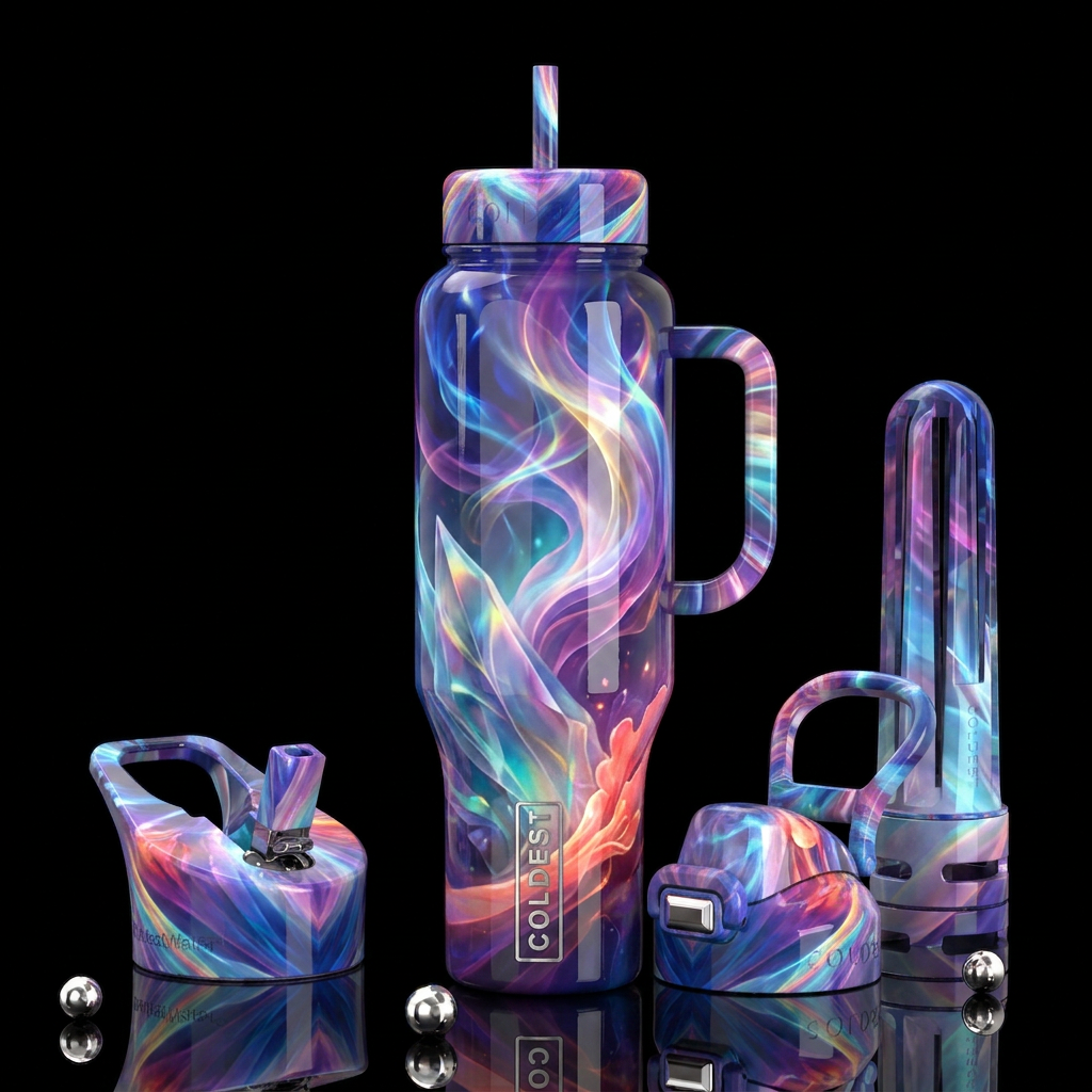Healing, grace, glossy, trompe-l'œil, beautiferous... water bottle design