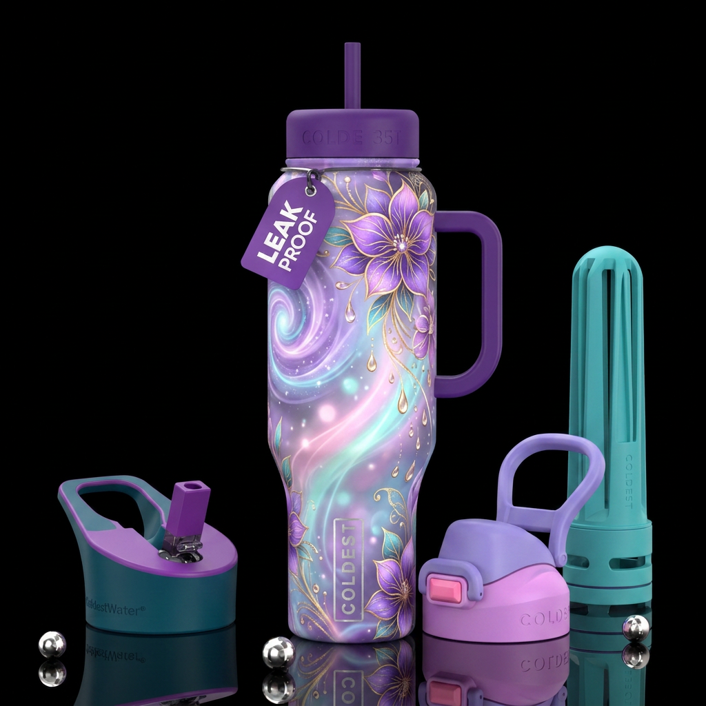 Healing, grace, glossy, trompe-l'œil, beautiferous... water bottle design
