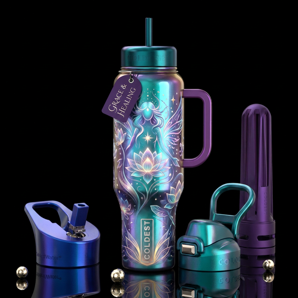 Healing, grace, glossy, trompe-l'œil, beautiferous... water bottle design