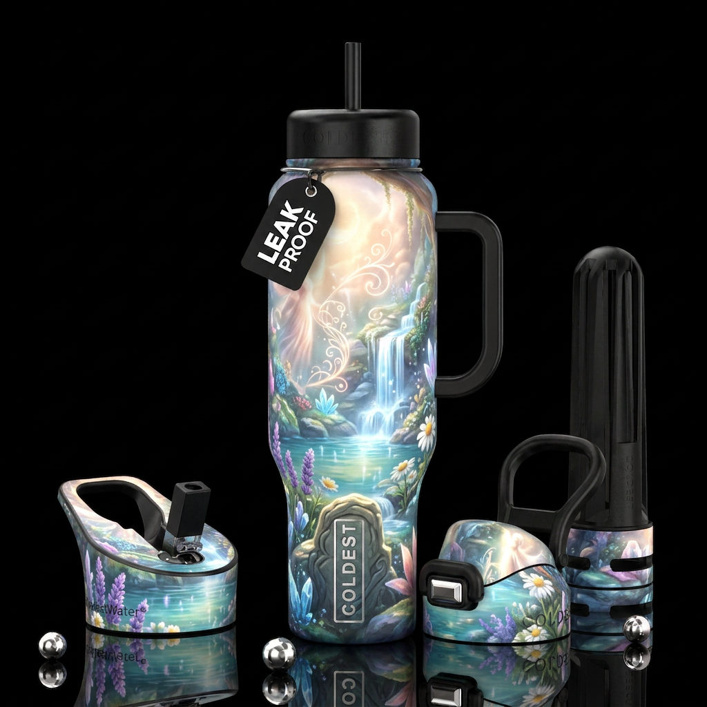 Healing, grace, glossy, trompe-l'œil, beautiferous... water bottle design