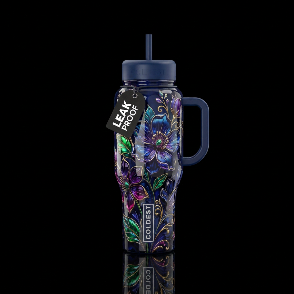 Whimsical midnight flower, glossy, trompe-l'œil, b... water bottle design