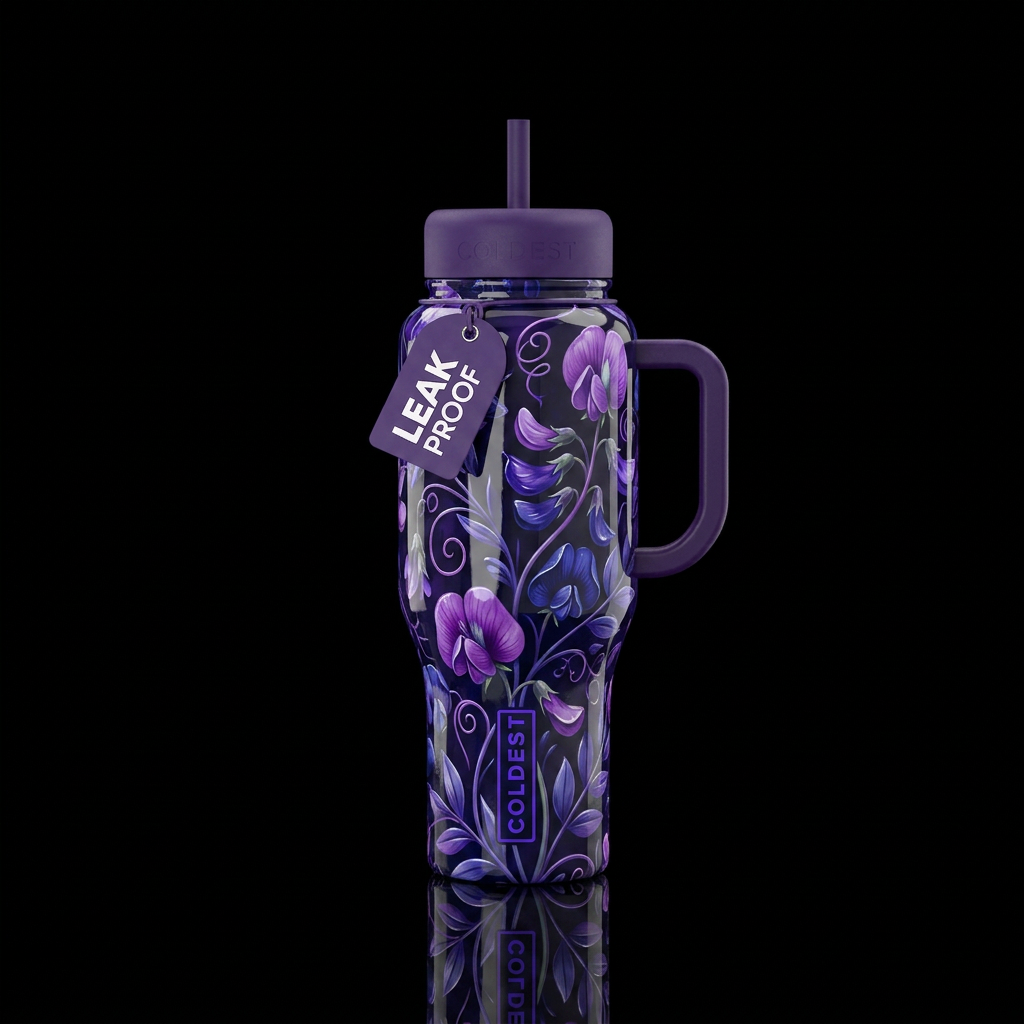 Whimsical midnight vetch shade flower, glossy, tro... water bottle design