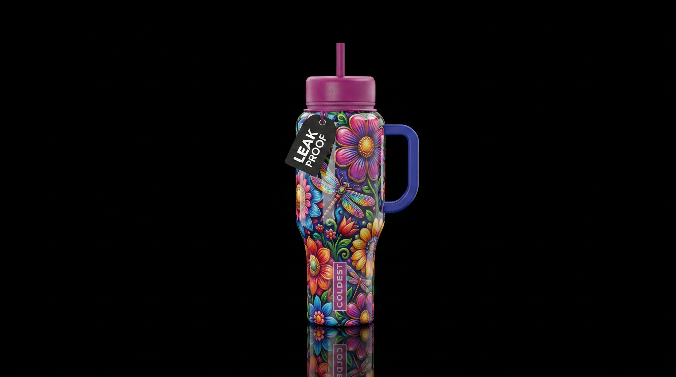 Eccentriflower, eccentric cartoonish dragonfly, gl... water bottle design