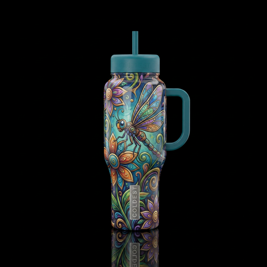Eccentriflower, eccentric cartoonish dragonfly, gl... water bottle design