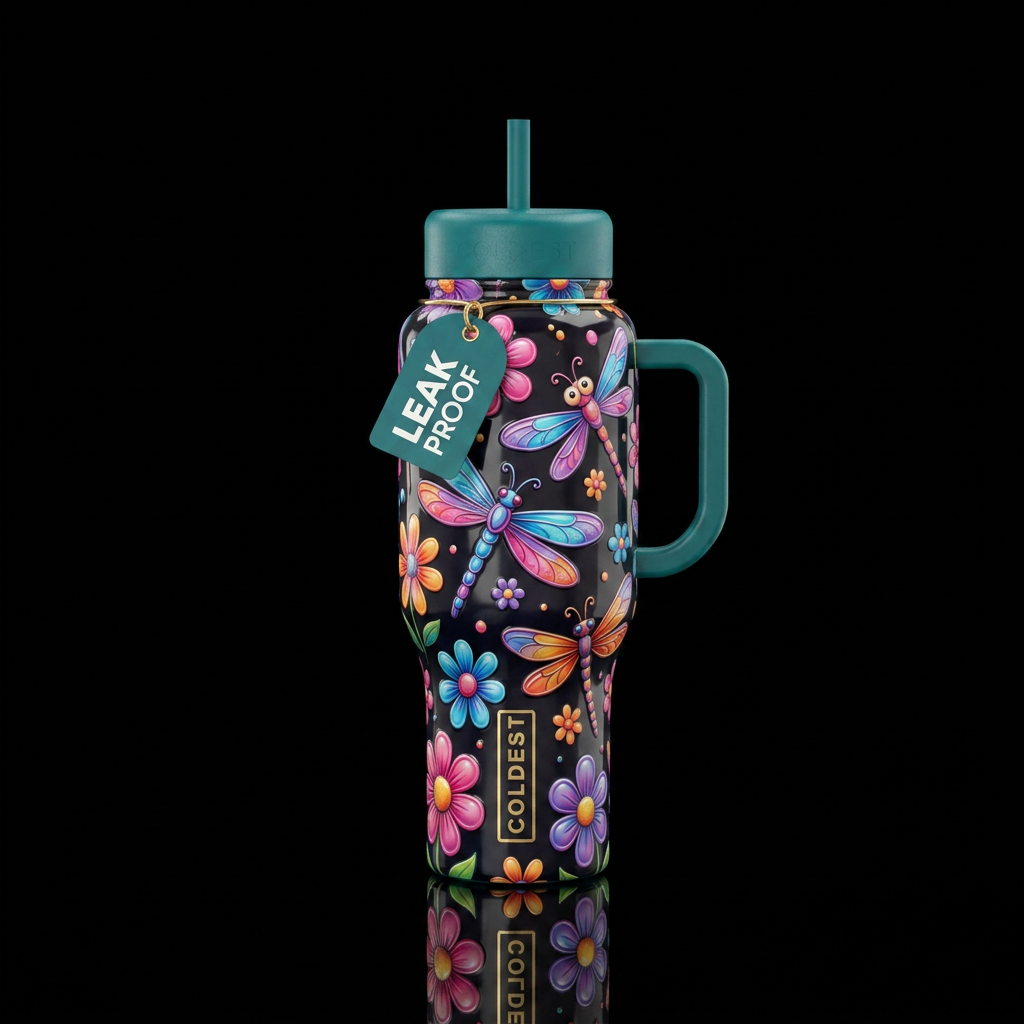 Eccentriflower, eccentric cartoonish dragonfly, gl... water bottle design