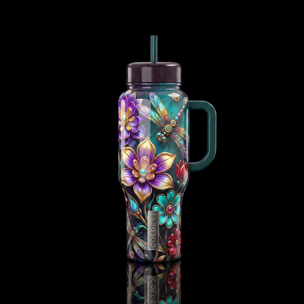 Eccentriflower, eccentric cartoonish dragonfly, gl... water bottle design