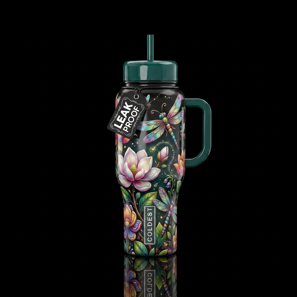 Eccentriflower, eccentric cartoonish dragonfly, gl... water bottle design