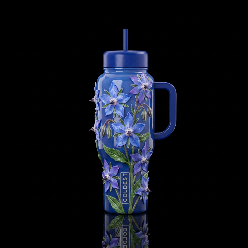 Borage,glossy, trompe-l'œil, beautiferous water bottle design