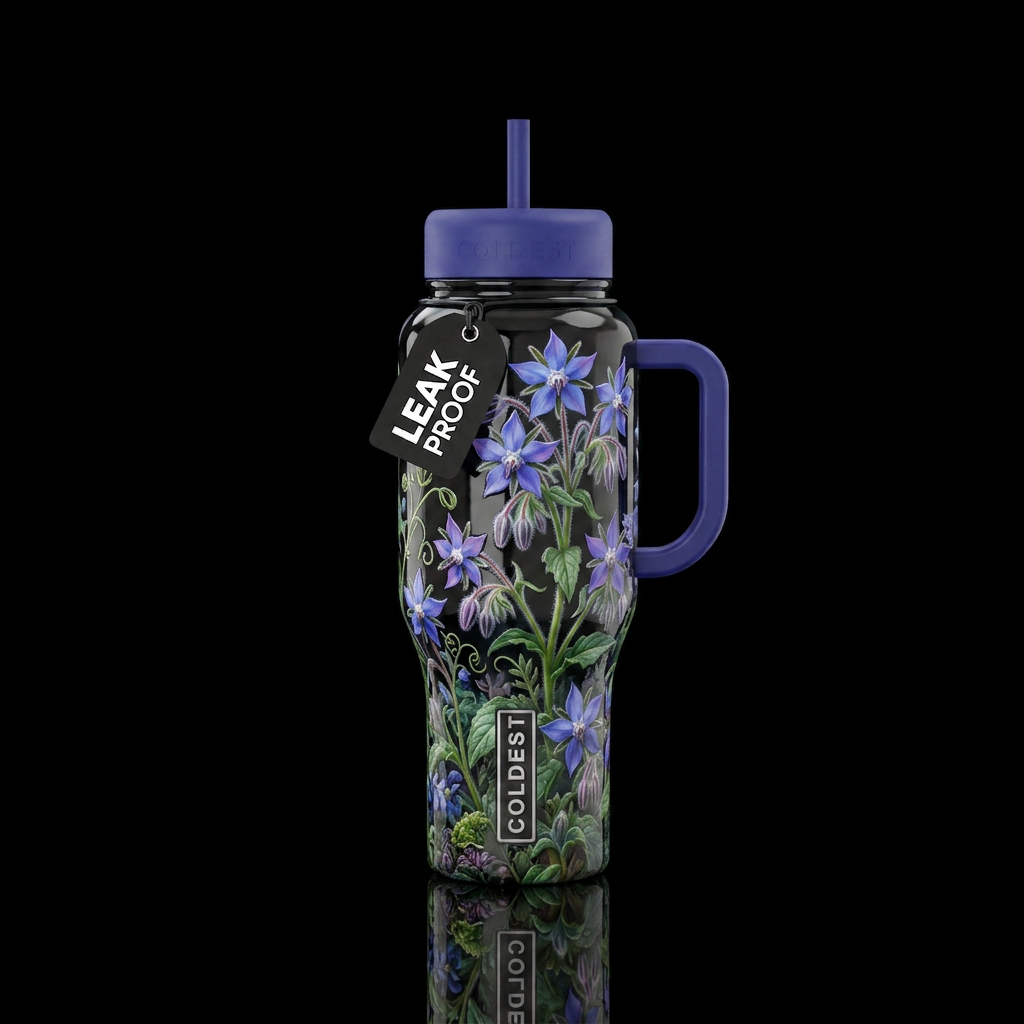 Borage,glossy, trompe-l'œil, beautiferous, garden water bottle design