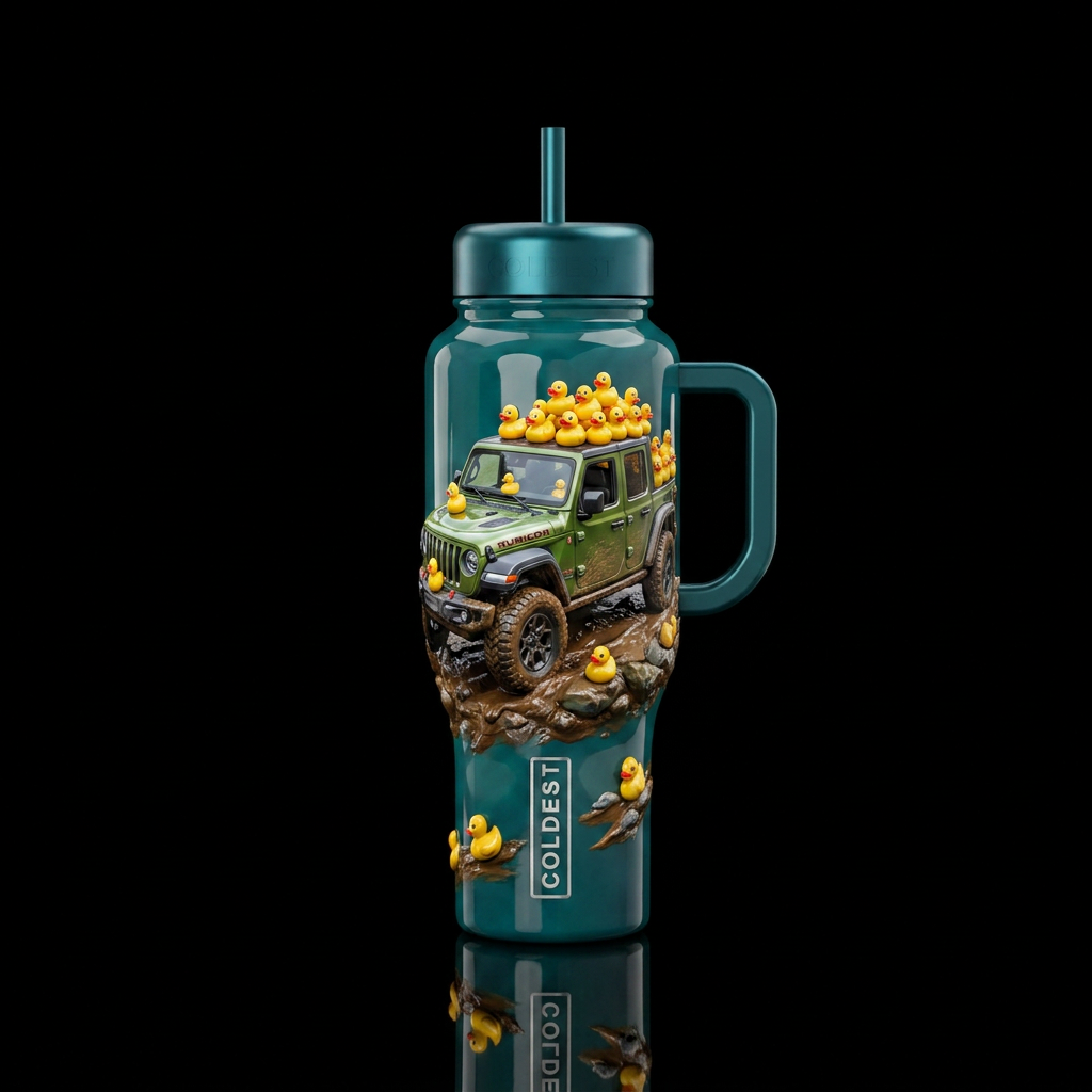 Jeep with rubber duckies, glossy, trompe-l'œil, be... water bottle design