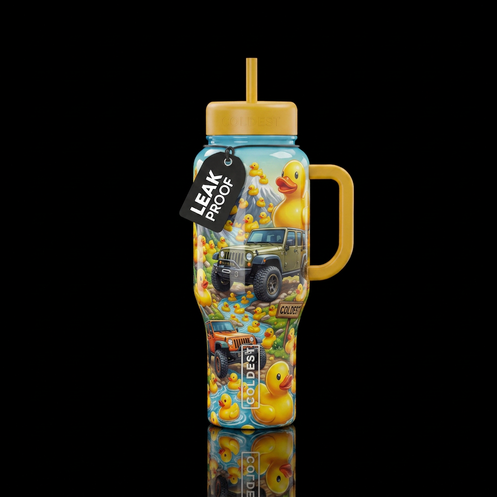 Jeep with rubber duckies, glossy, trompe-l'œil, be... water bottle design
