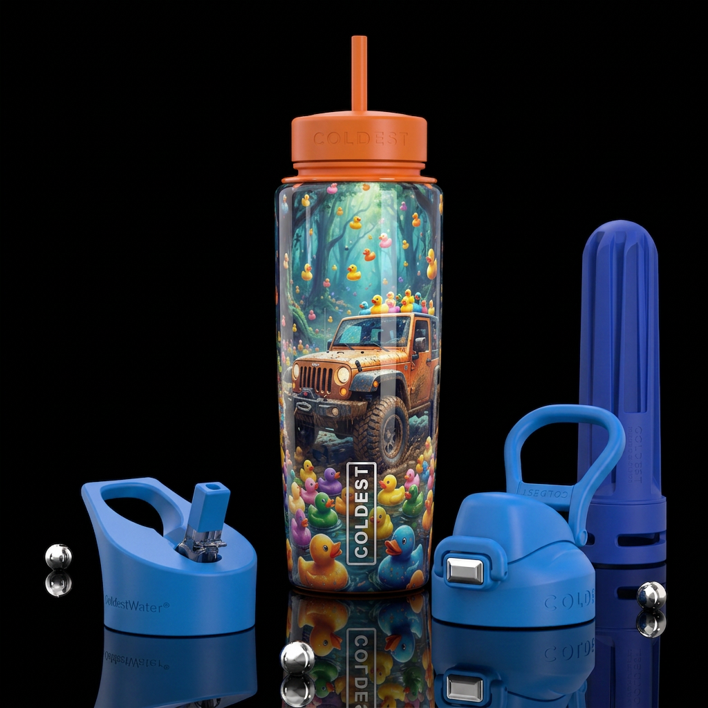 Jeep with rubber duckies, glossy, trompe-l'œil, be... water bottle design