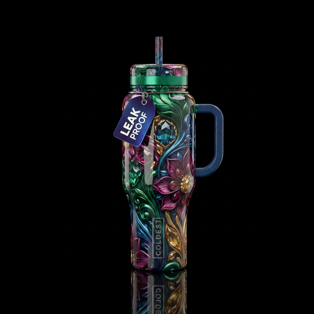 Tertiary, glossy, trompe-l'œil, beautiferous water bottle design