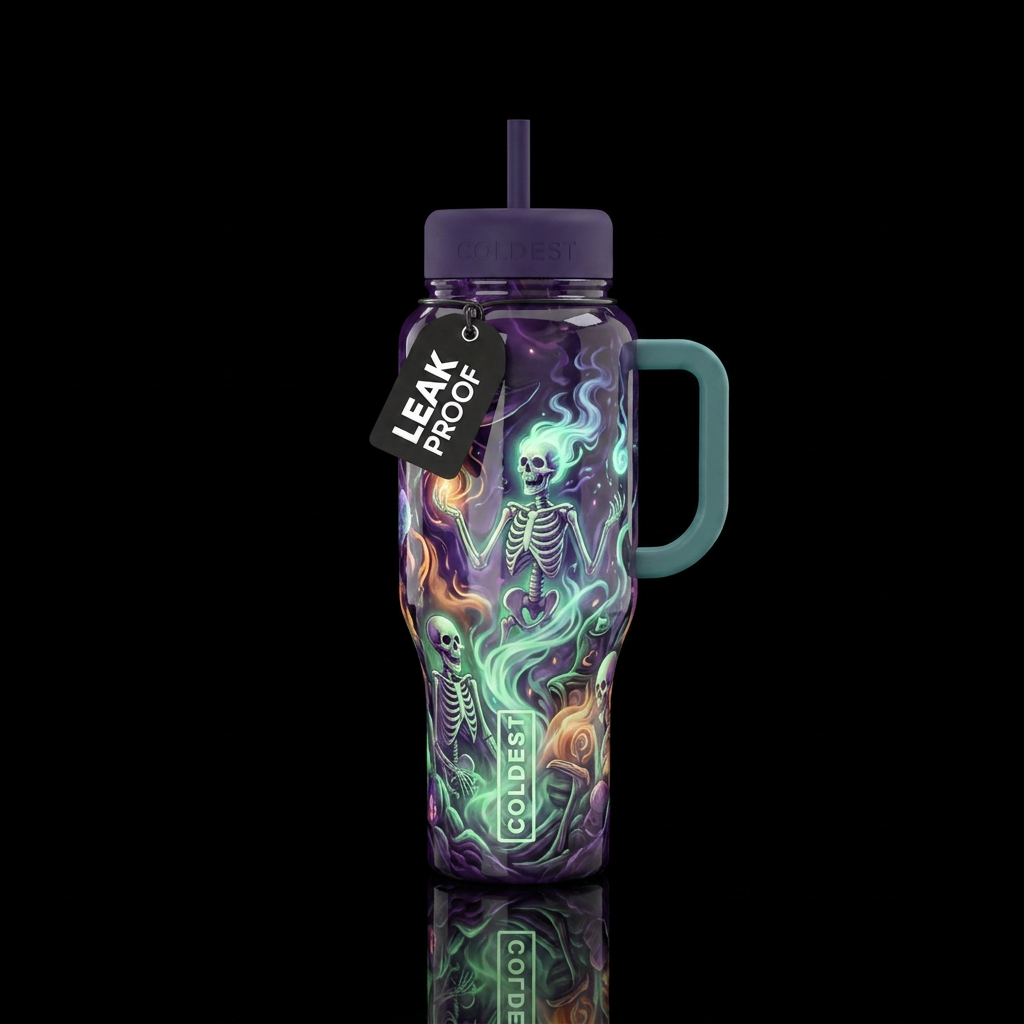 Witch rising skeletons, glossy, trompe-l'œil, beau... water bottle design