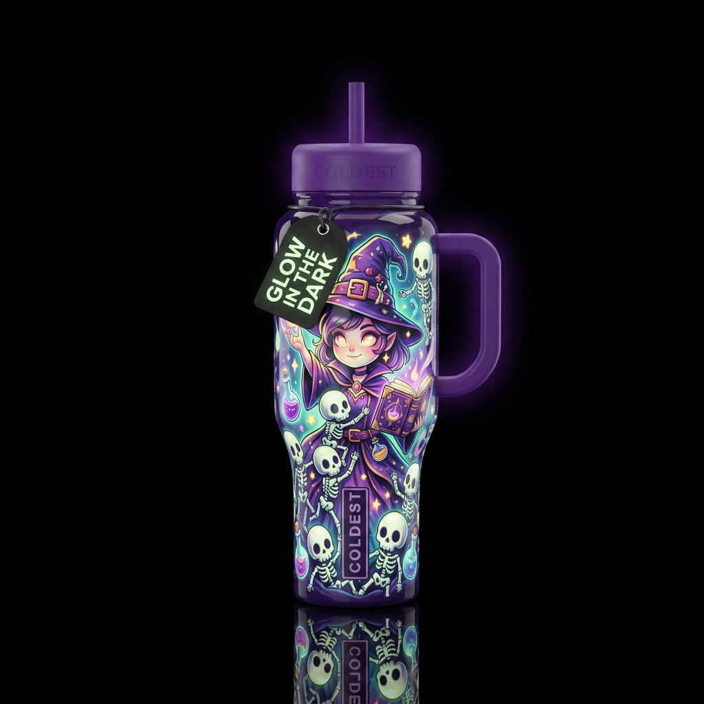 Cute  witch rising cute skeletons, glossy, trompe-... water bottle design