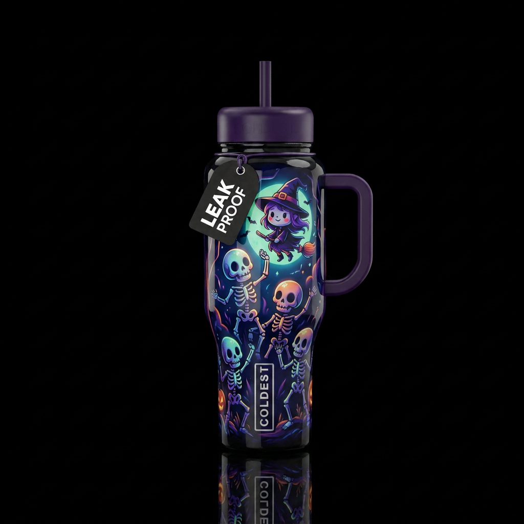 witch rising cute skeletons, glossy, trompe-l'œil,... water bottle design