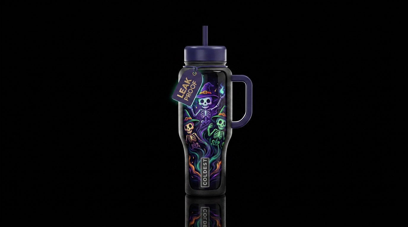 witch rising cute skeletons, glossy, trompe-l'œil,... water bottle design