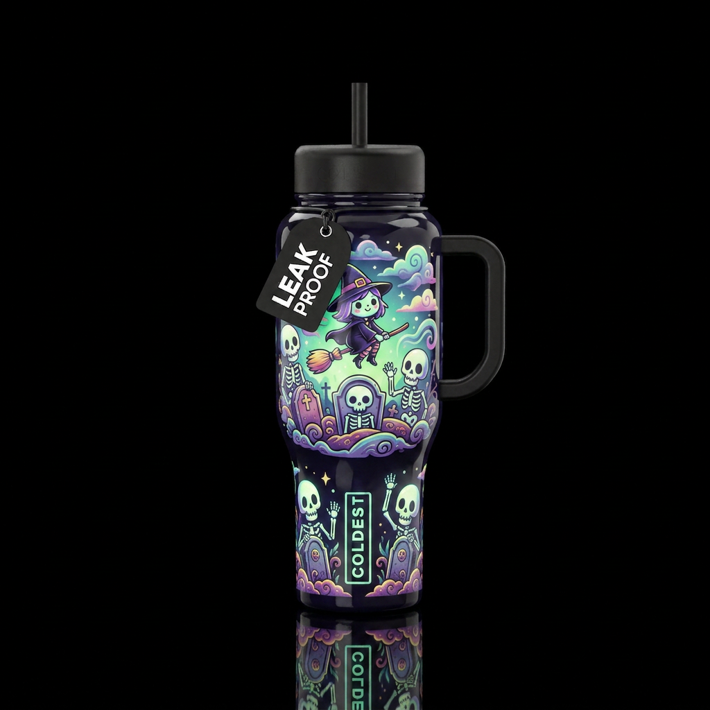witch rising cute skeletons, glossy, trompe-l'œil,... water bottle design