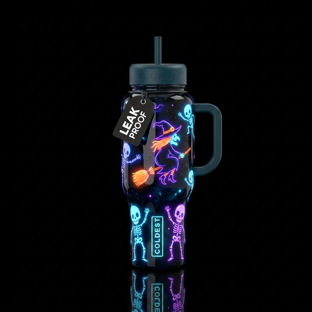 witch rising cute skeletons, glossy, trompe-l'œil,... water bottle design