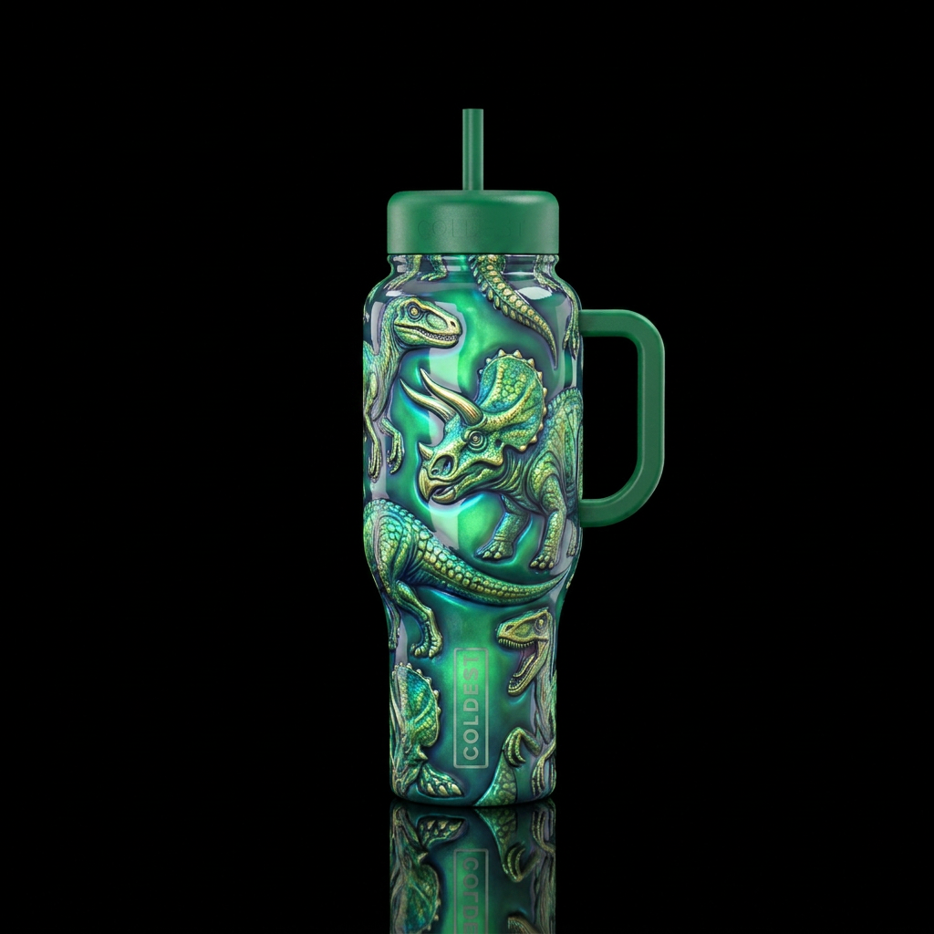 Triceritops and velosiraptors, glossy, trompe-l'œi... water bottle design