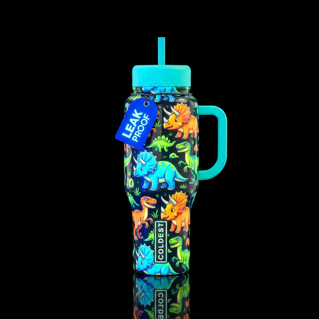 Drawings colored triceritps and velosiraptors, glo... water bottle design