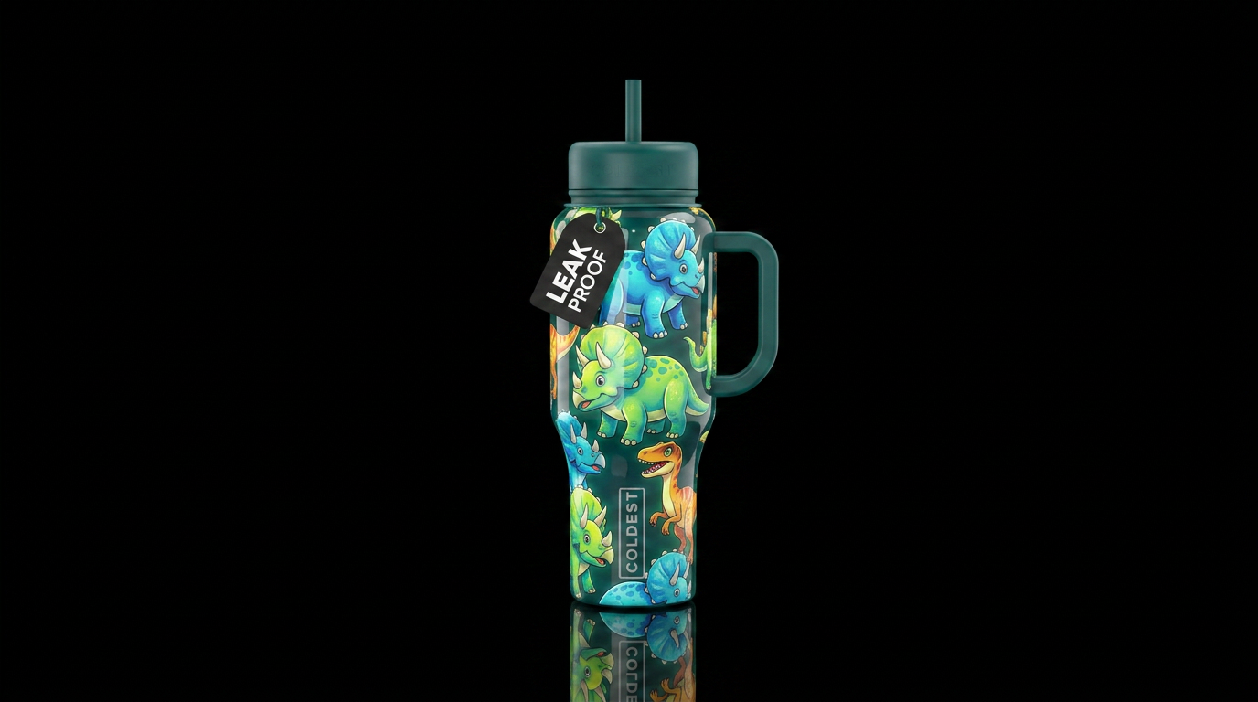 Drawings colored triceritps and velosiraptors, glo... water bottle design