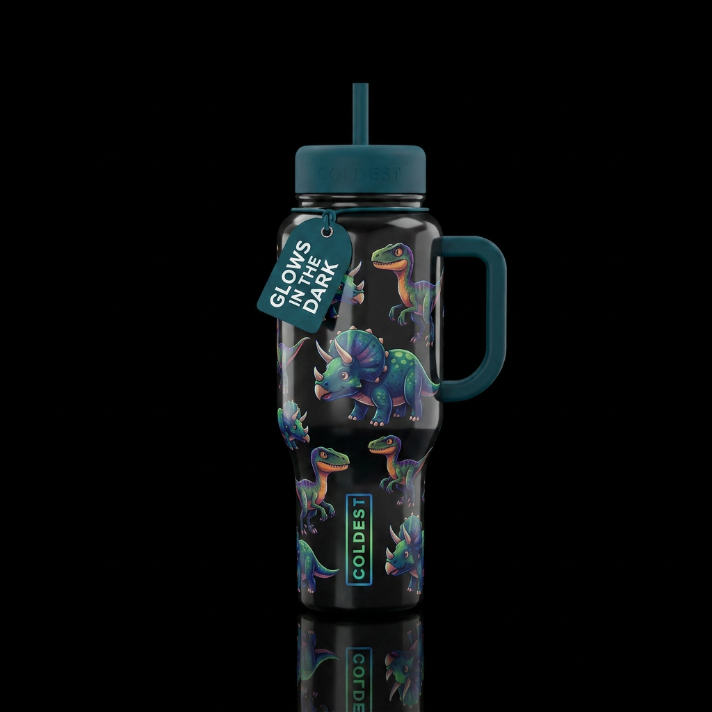 Drawings colored triceritps and velosiraptors, glo... water bottle design