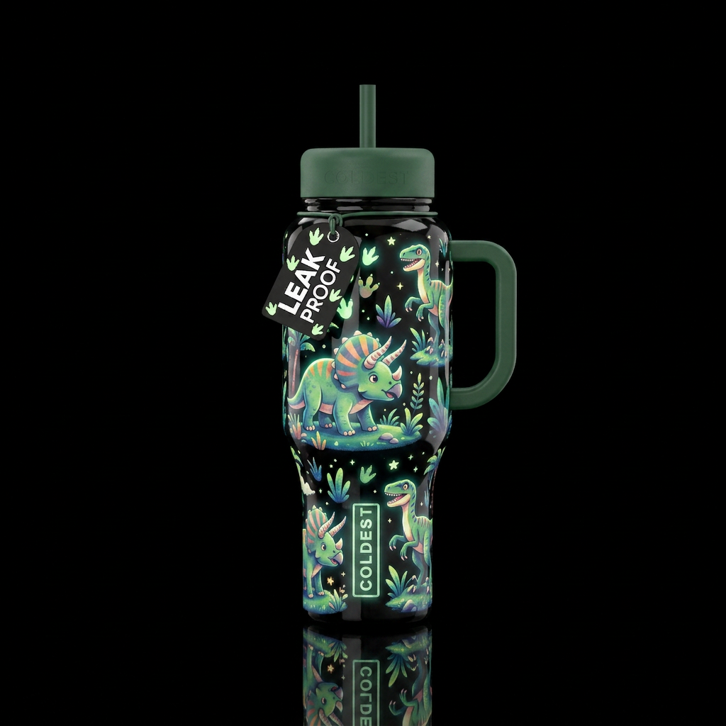 Drawings colored triceritps and velosiraptors, glo... water bottle design