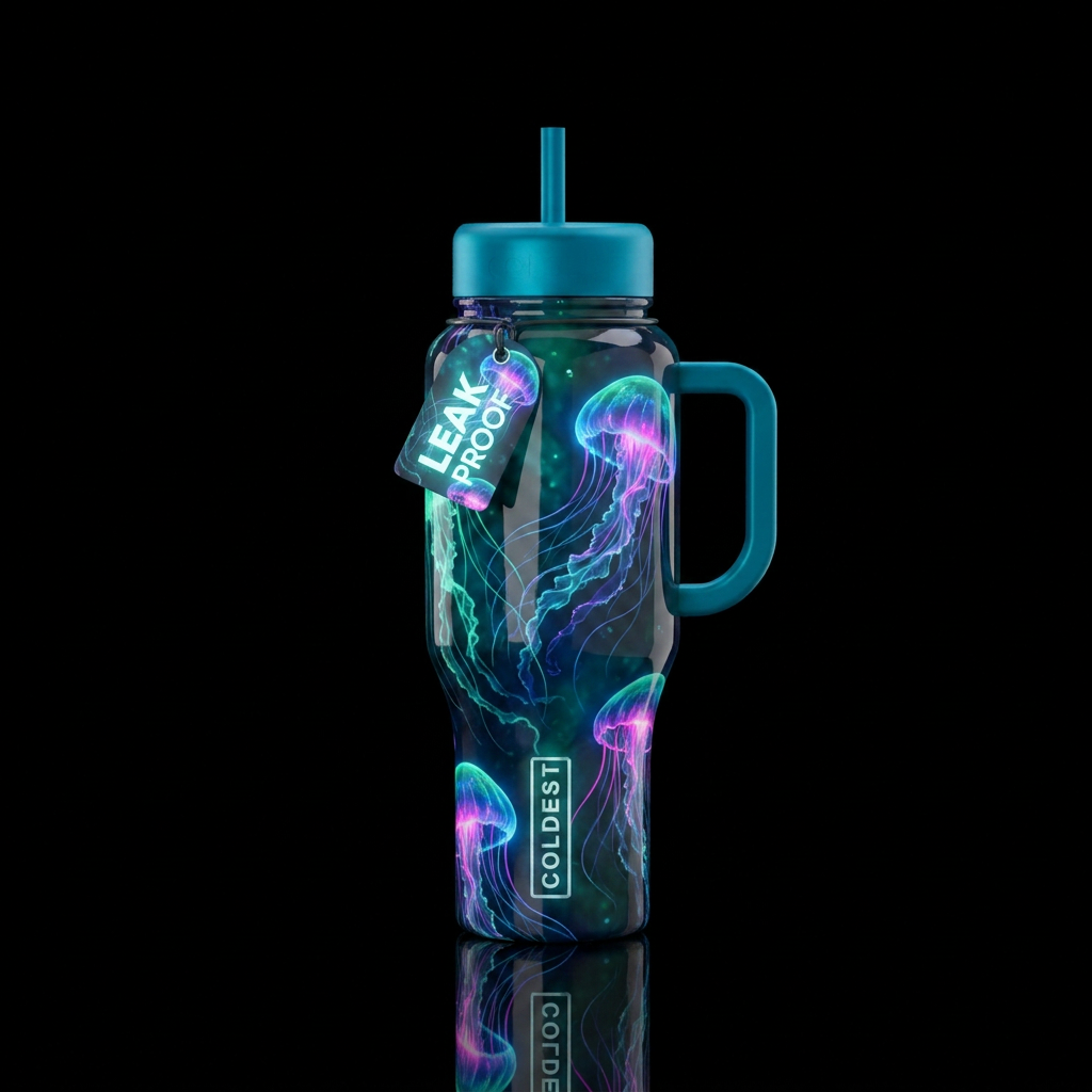 Jellyfish, glossy, alluring, trompe-l'œil, beautif... water bottle design
