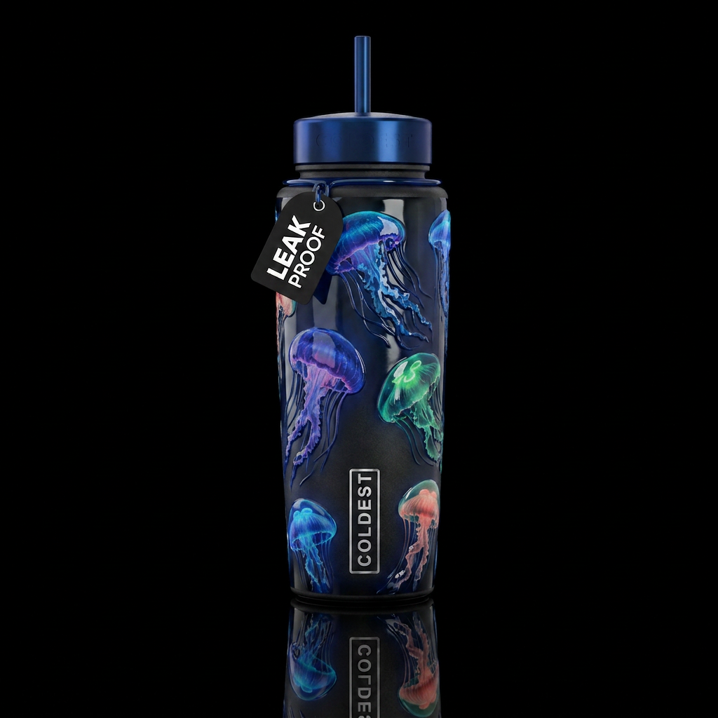 Jellyfish, glossy, alluring, trompe-l'œil, beautif... water bottle design