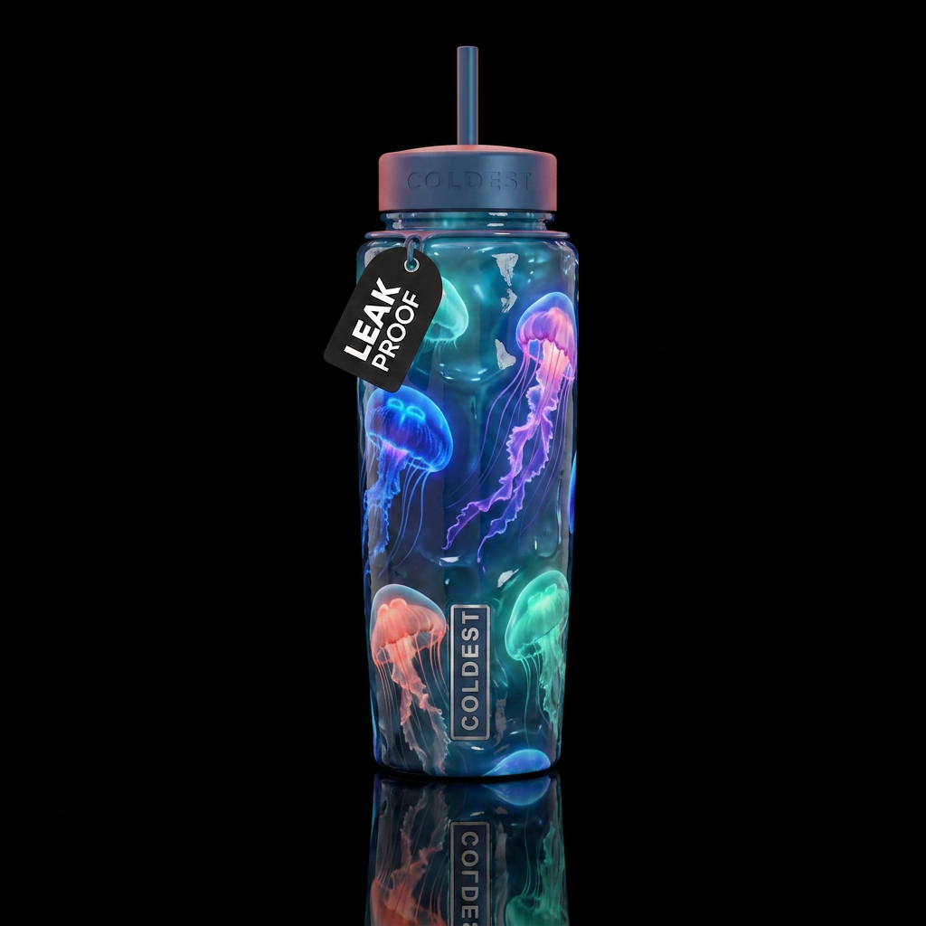 Jellyfish, glossy, alluring, trompe-l'œil, beautif... water bottle design