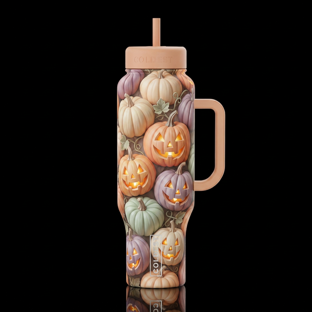 Pastel pumpkins jack o lanterns glossy, trompe-l'œ... water bottle design