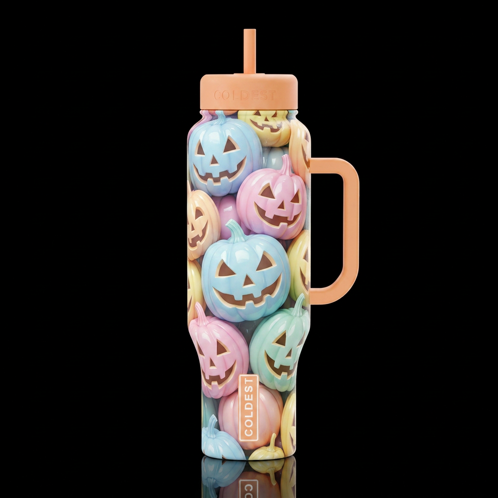 Pastel pumpkins jack o lanterns glossy, trompe-l'œ... water bottle design