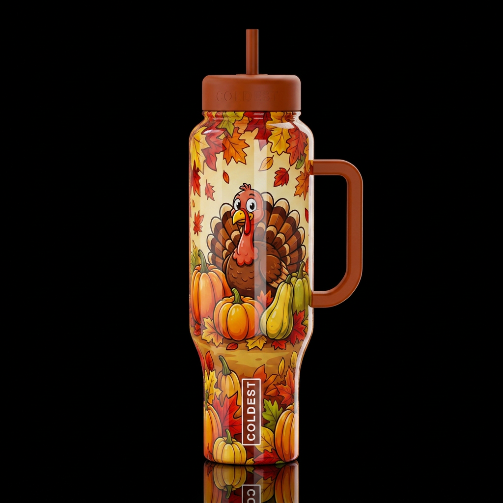Cartoonish turkey and pumpkins and squash, glossy,... water bottle design