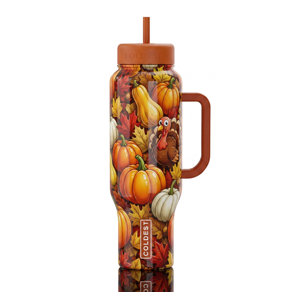 Cartoonish turkey and pumpkins and squash, glossy,... water bottle design