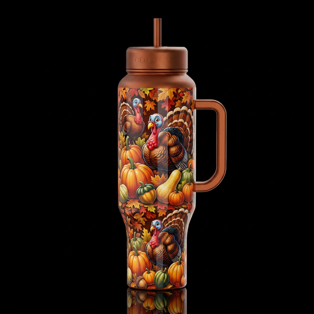 Cartoonish turkey and pumpkins and squash, glossy,... water bottle design