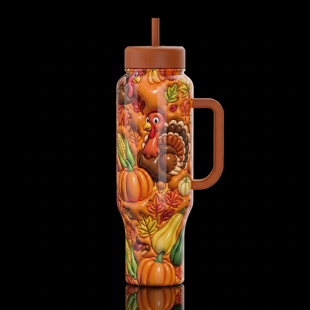 Cartoonish turkey and pumpkins and squash, glossy,... water bottle design