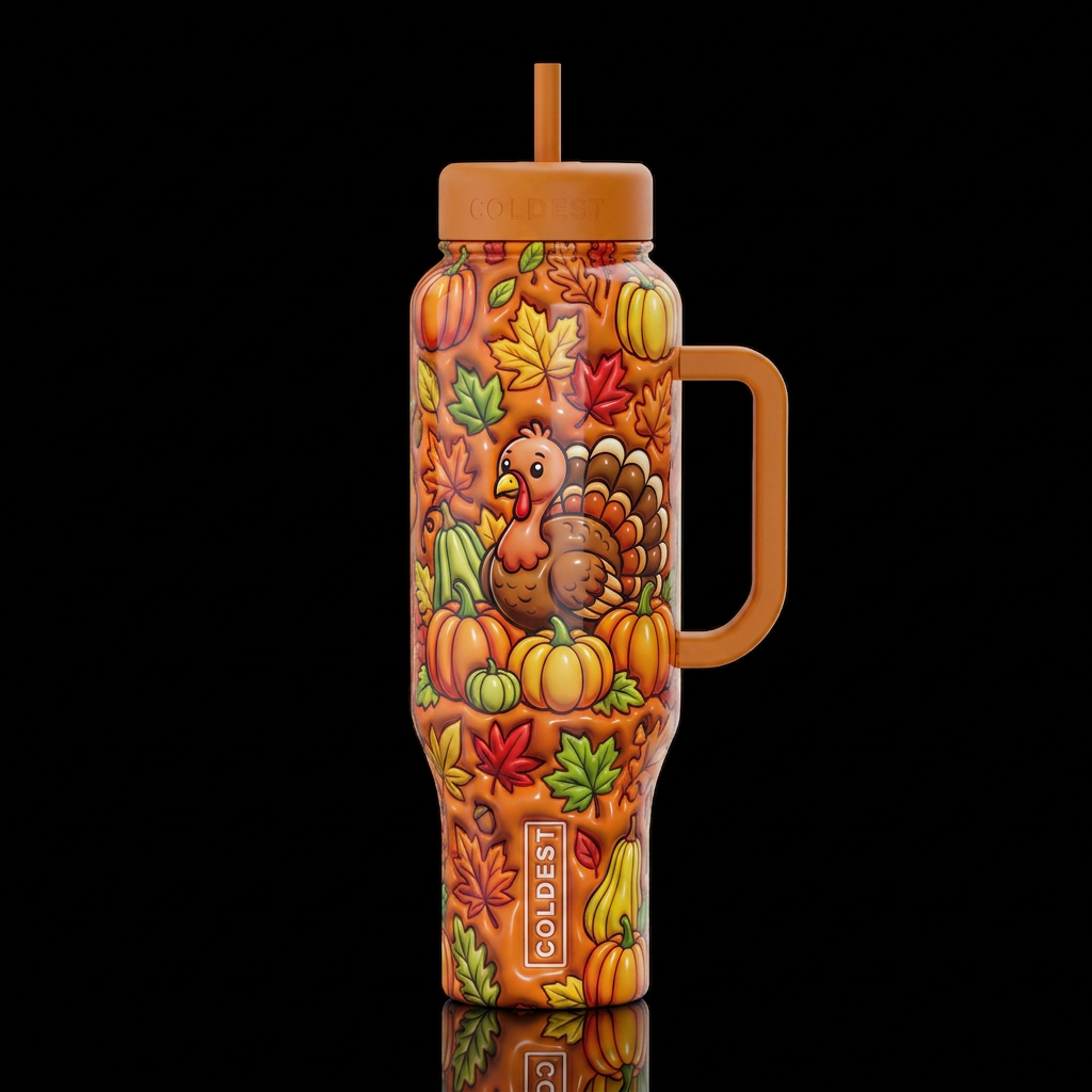 Cartoonish turkey and pumpkins and squash, glossy,... water bottle design