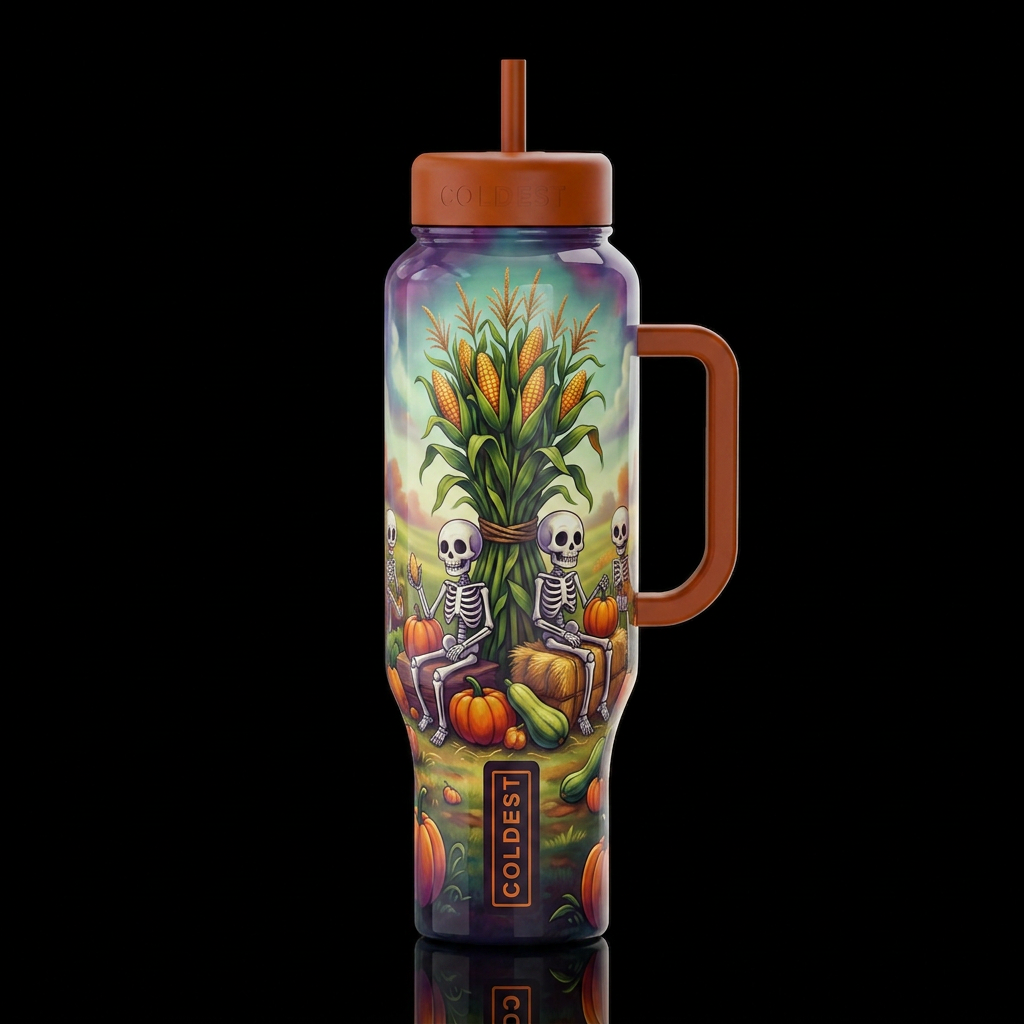 Cartoonish Bundle Corn stalk skelton sitting on ba... water bottle design