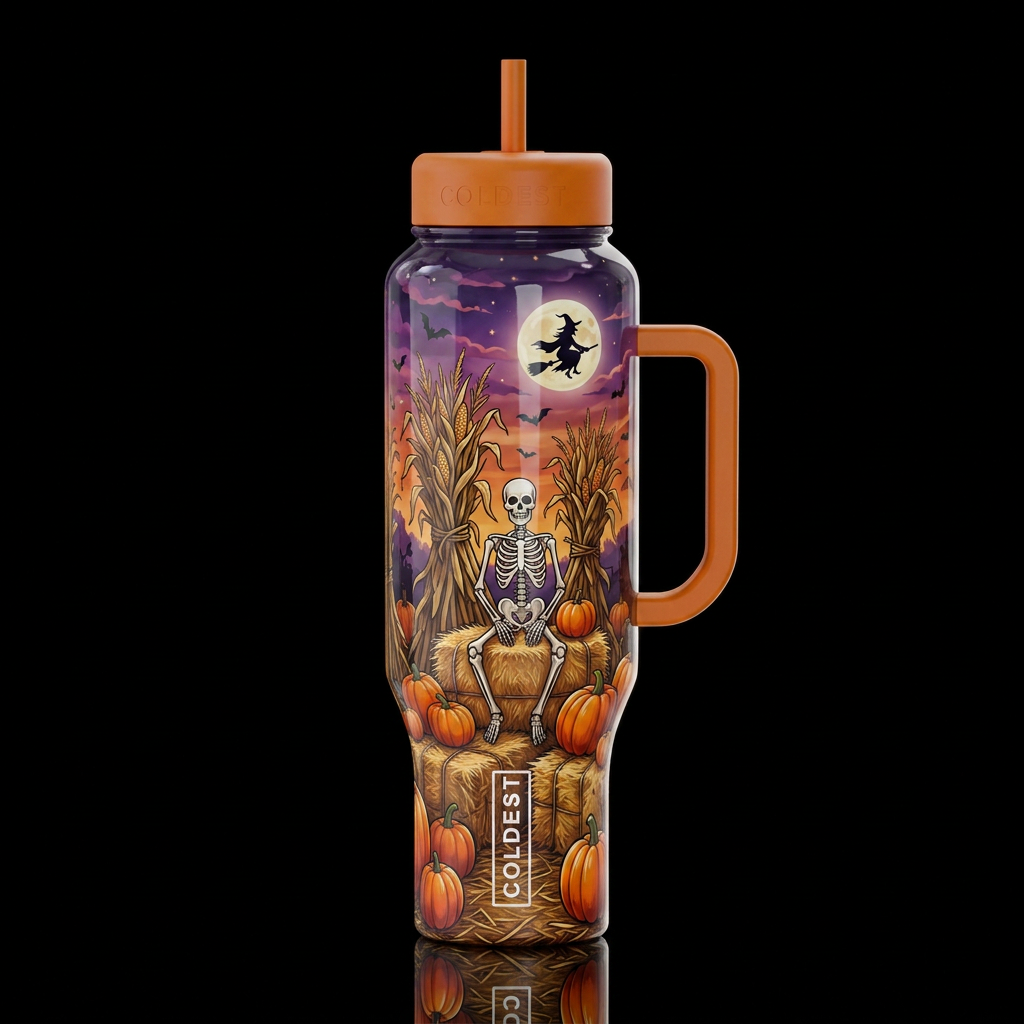 Cartoonish ,dried Bundle Corn stalk skelton sittin... water bottle design