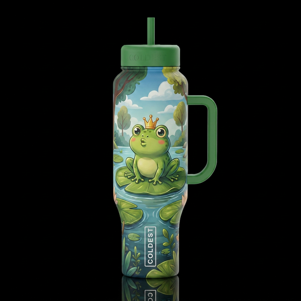 Cartoonish, frog with crown sitting on Lilly pad w... water bottle design